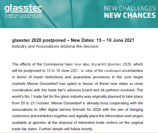 10月杜塞尔多夫玻璃展宣布延期至明年6月