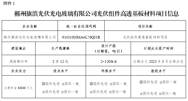 郴州旗滨光伏光电玻璃有限公司光伏组件高透基板材料项目信息