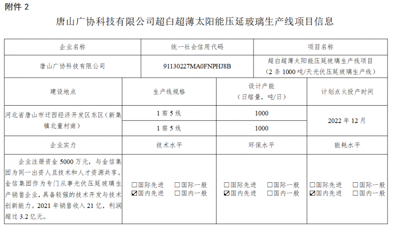 唐山广协科技有限公司超白超薄太阳能压延玻璃生产线项目信息