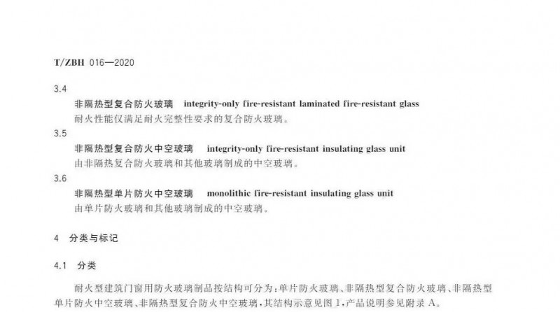 耐火型建筑门窗用防火玻璃制品标准（T/ZBH 016—2020）